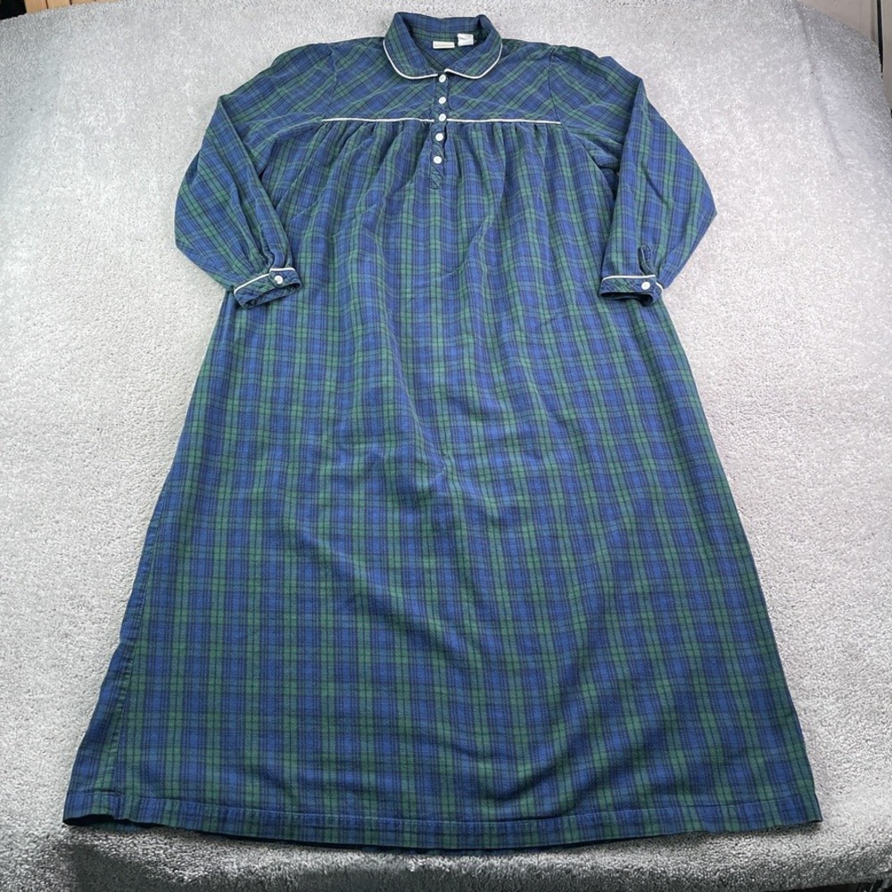 Vintage LL Bean Nightgown Womens Medium Green Blue Tartan Plaid Flannel Pajamas